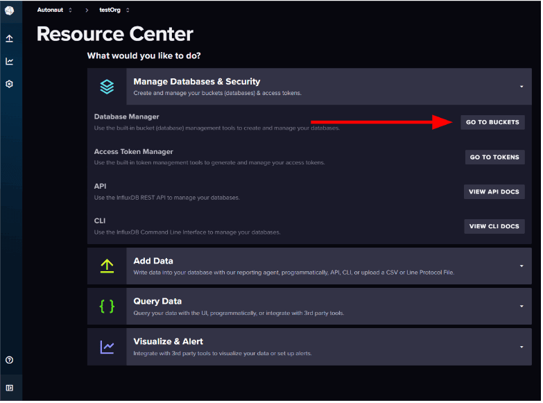 Screenshot showing the 'Go to buckets' button "Screenshot showing the 'Go to buckets' button"